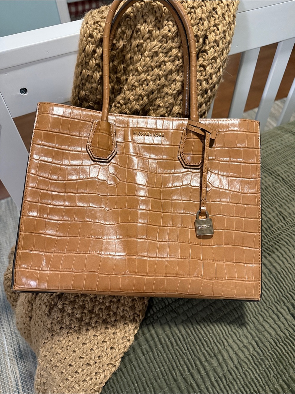 Michael Kors Mercer Croc-Embossed Tan Leather Tote